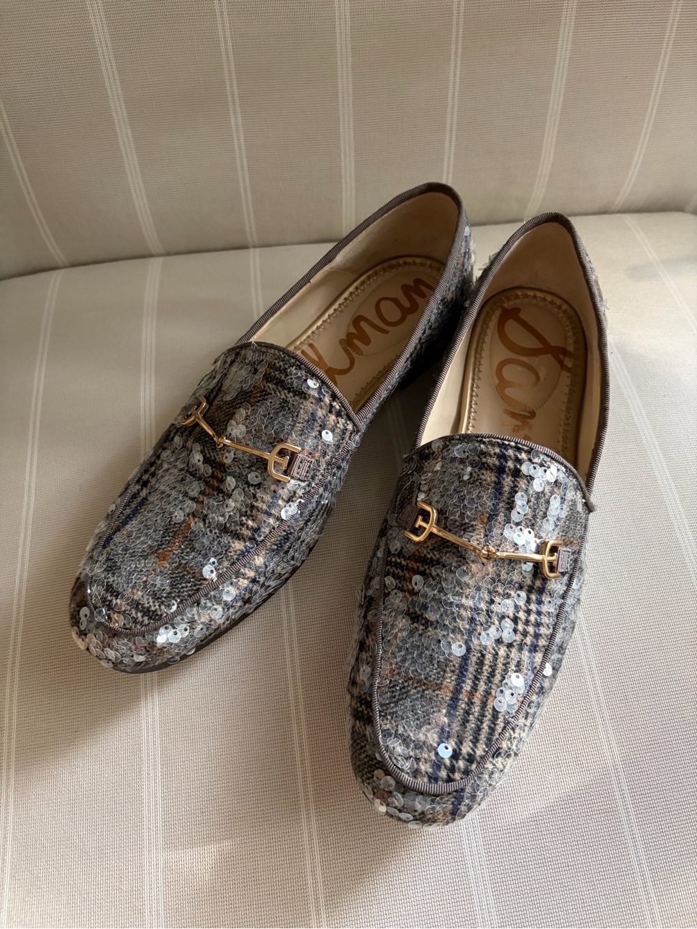 Sam Edelman Gray Plaid Sequin Loafers with Gold Hardware